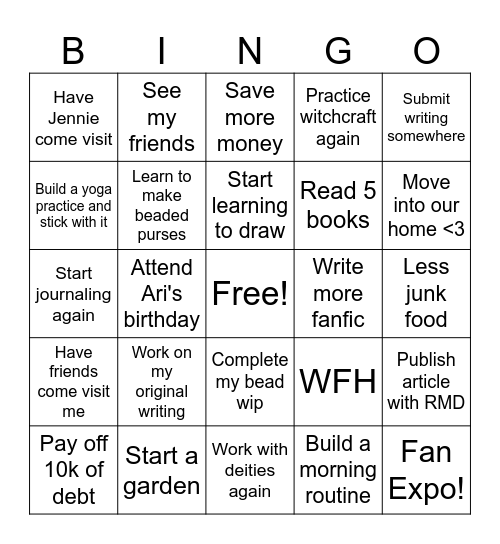 Goals 2025 Bingo Card