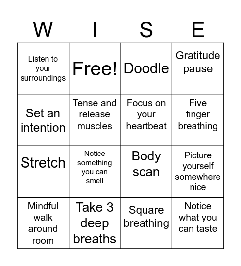 Mindfulness Bingo Card