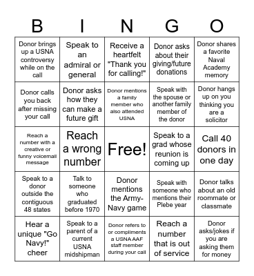 USNA AAF WOG Bingo Card