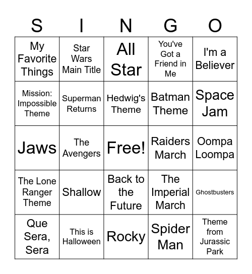 SINGO! Movie Edition Bingo Card