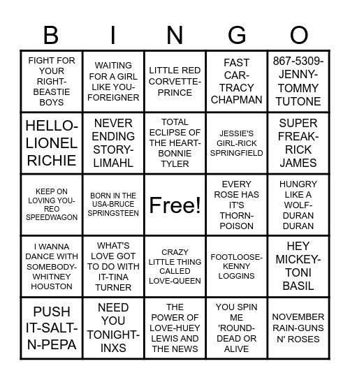 80's Bingo Card