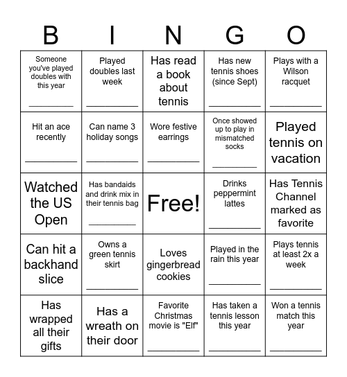 Tennis Holiday Bingo Card