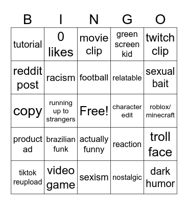 shorts Bingo Card