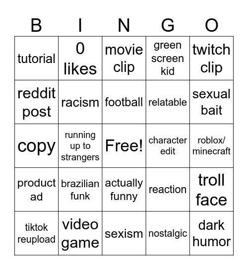 shorts Bingo Card