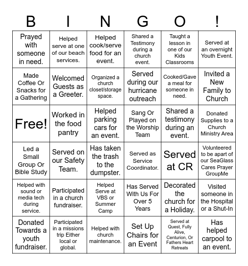 SeaGlass Church Volunteer Bingo Card