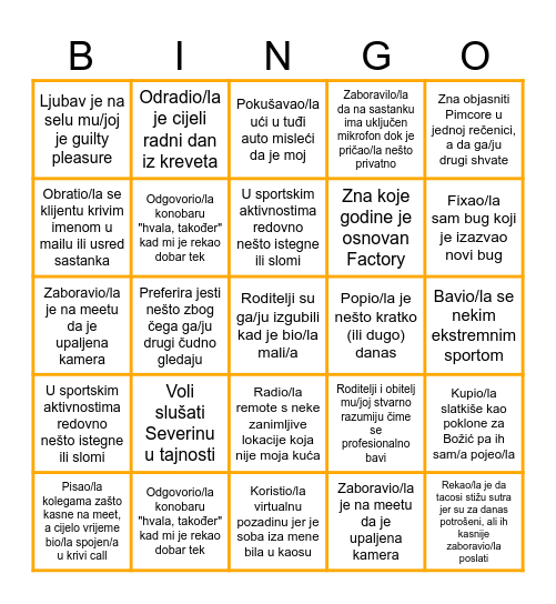 Factory Bingo Card