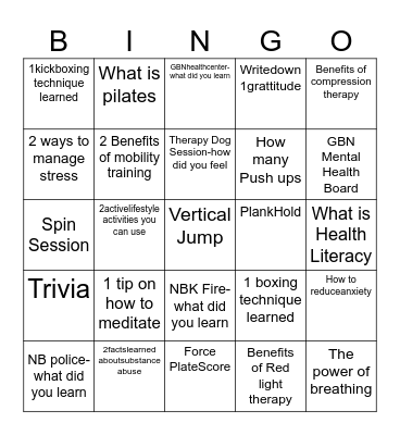 Fitness Fair Bingo - Record activities or what you learned Bingo Card
