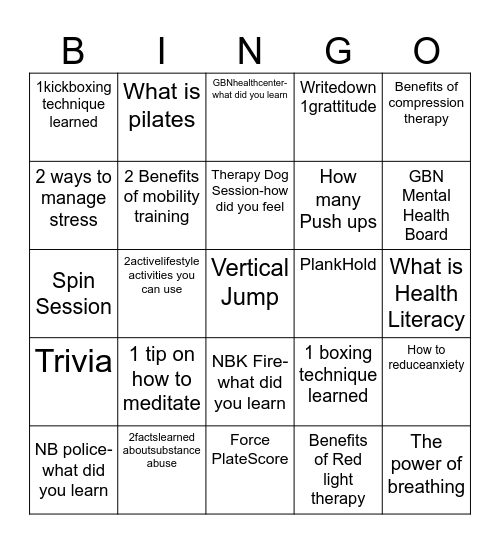 Fitness Fair Bingo - Record activities or what you learned Bingo Card