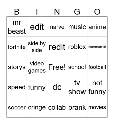 shorts Bingo Card