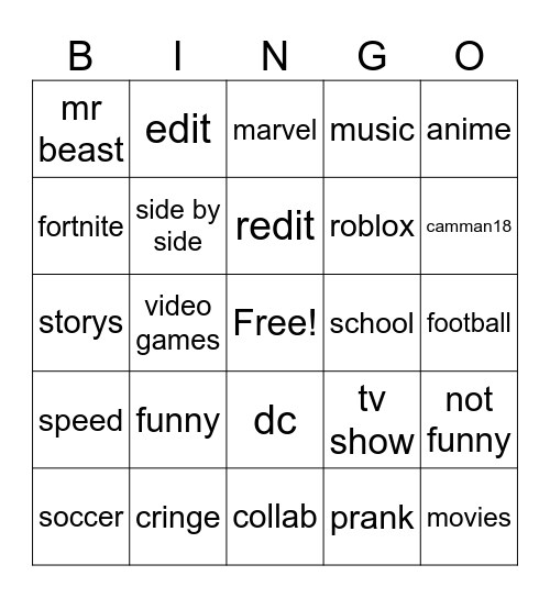 shorts Bingo Card