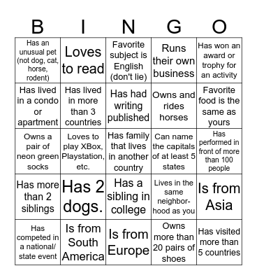 Getting to Know You Bingo Card