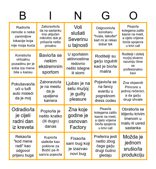 FACTORY Bingo Card