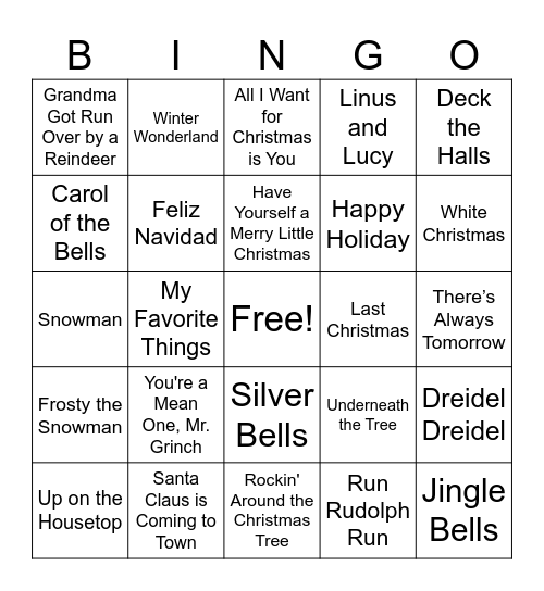 Holiday Song Bingo Card