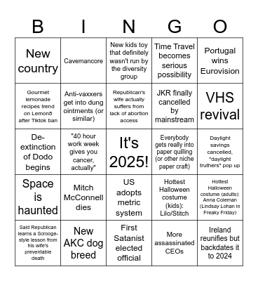 2025 Predictions Bingo Card