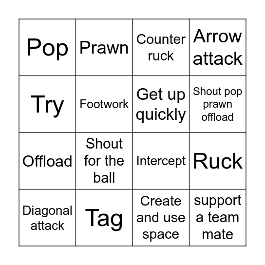 Rugby Bingo Card