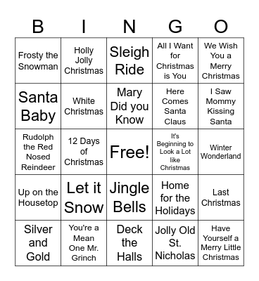 Christmas Song Bingo Card