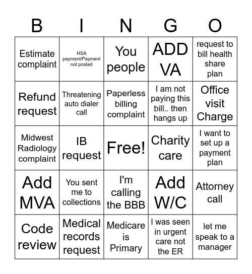 Patient Financial Services Bingo Card