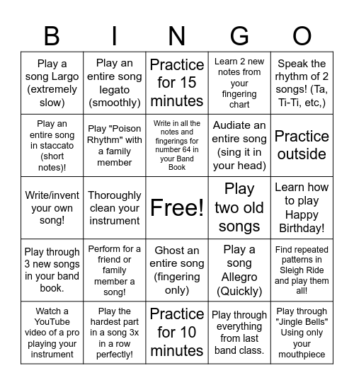 Music Practice Bingo Card