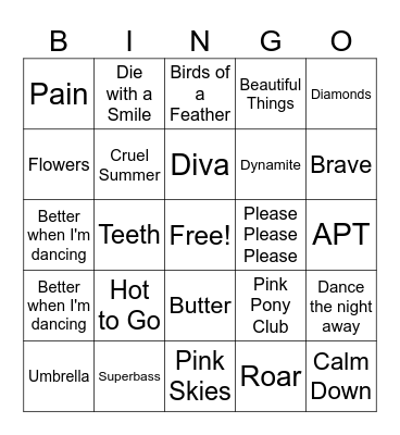 Pop Song Bingo Card