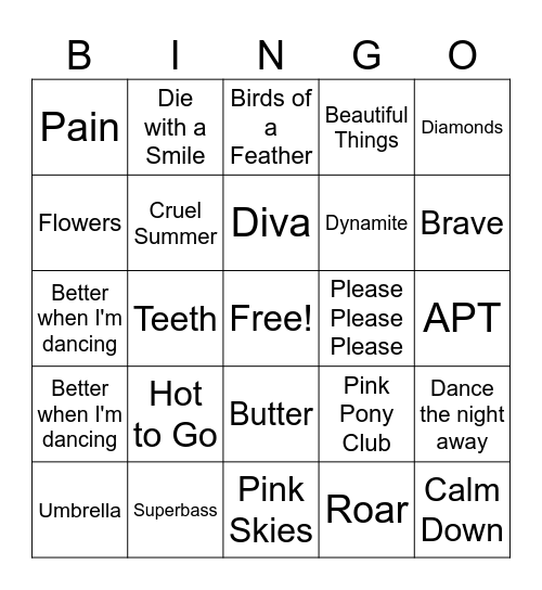 Pop Song Bingo Card