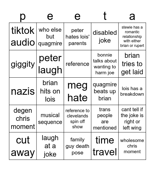 Family Guy Bingo Card