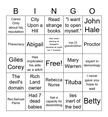 "The Crucible" ACT I Bingo Card