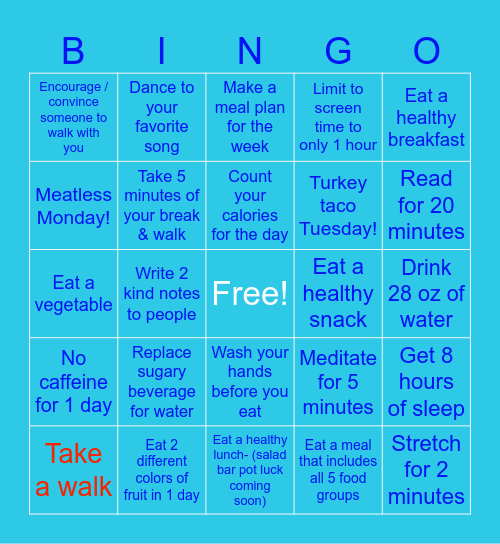 January- Healthy habits Bingo Card