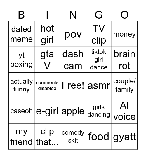 youtube bingo Card