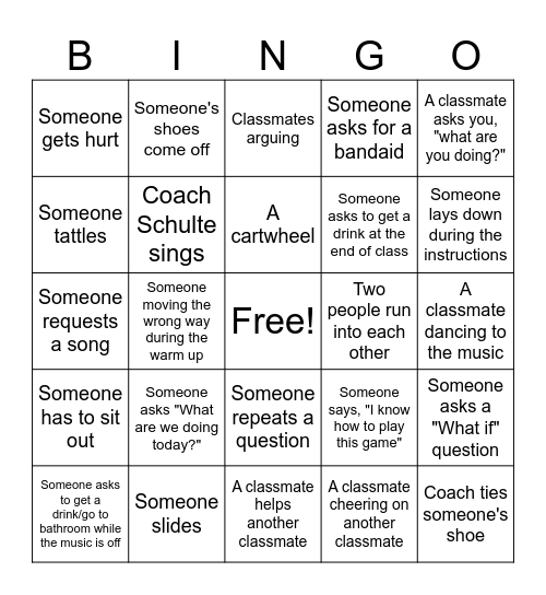 Physical Education Bingo Card