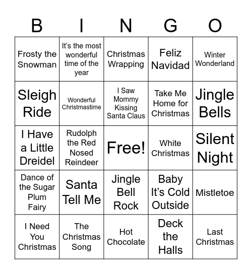 Holiday Songs Bingo Card
