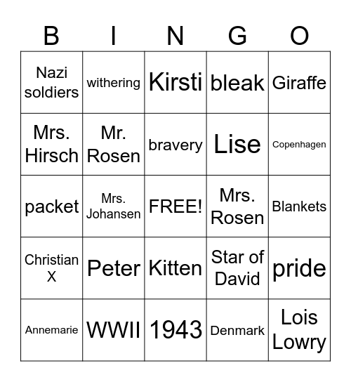 Number the Stars BINGO! Bingo Card