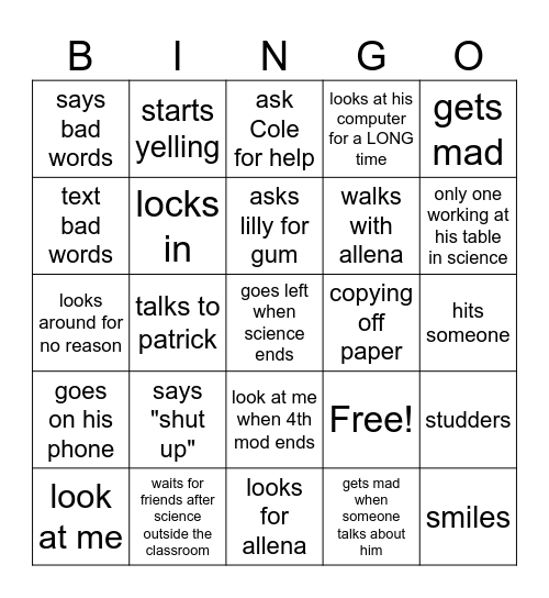 NOVA Bingo Card