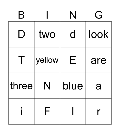 Kindergarten Bingo Card
