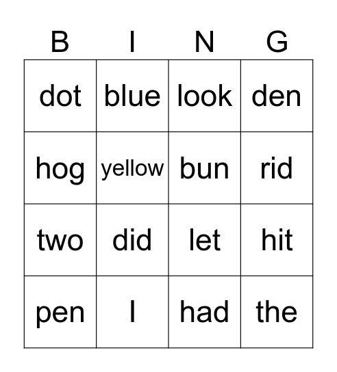 Kindergarten Bingo Card