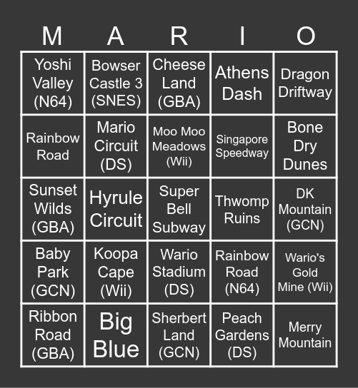 Mario Kart 8 Course Bingo Card