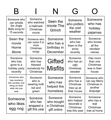 Gifted Misfits Holiday Bingo Card