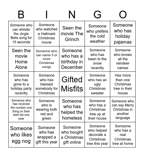 Gifted Misfits Holiday Bingo Card