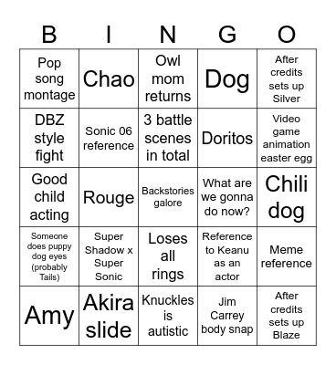 Sonic 3 Bingo Card