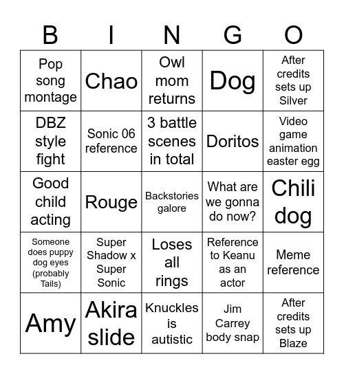 Sonic 3 Bingo Card