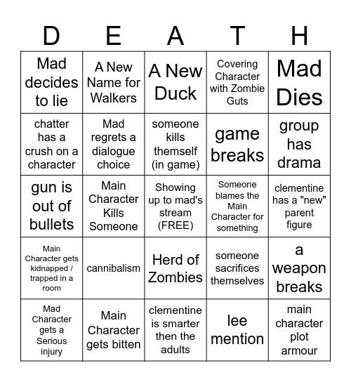 The Walking Dead Season 3 Bingo Card