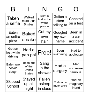 Never Have I Ever Bingo Card