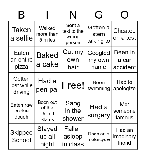 Never Have I Ever Bingo Card