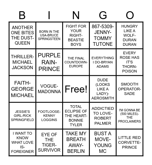 80's Bingo Card