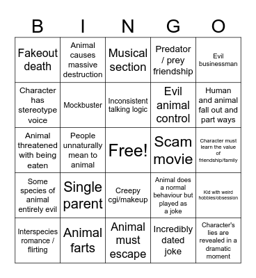 Animal Movie Bingo Card