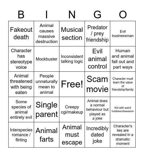 Animal Movie Bingo Card