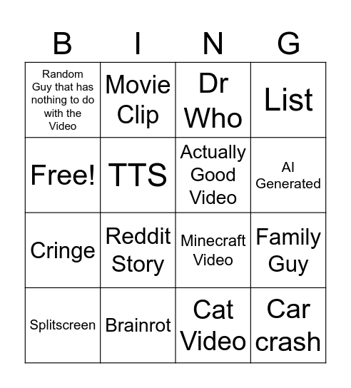 Youtube Shorts Bingo Card