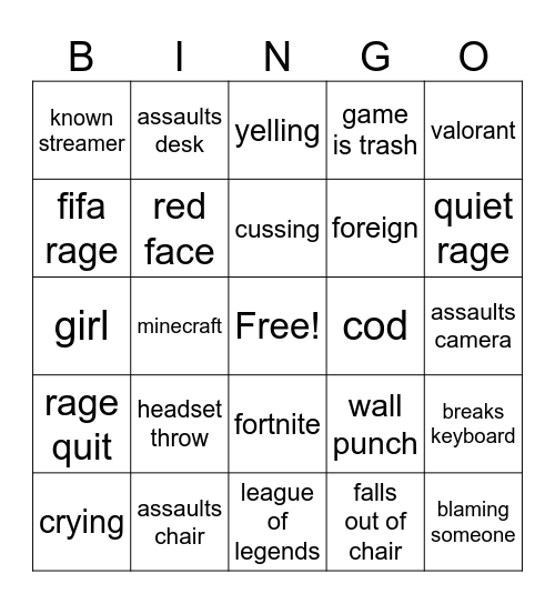 Gamer rage bingo Card