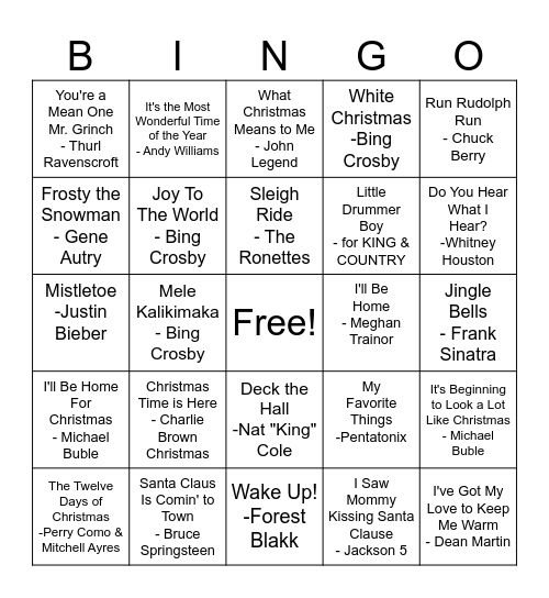 Arocam Holiday Musical Bingo Card