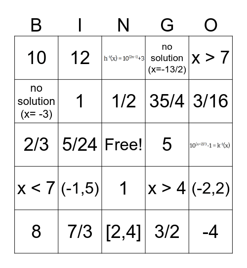 Exponent and Logarithm BINGO Card