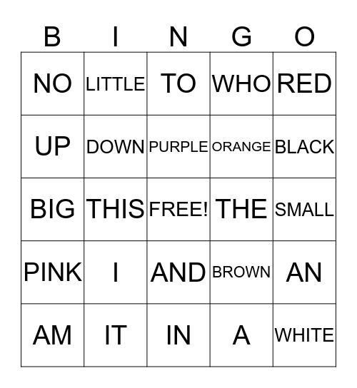 Sight Words Bingo Card